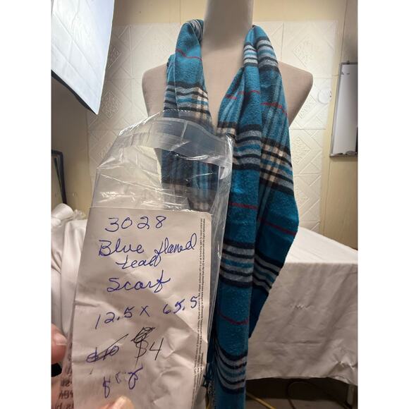 SCARF blue Flannel look teal red black white 12.5 x 65.5" with fringe extra - Picture 8 of 8